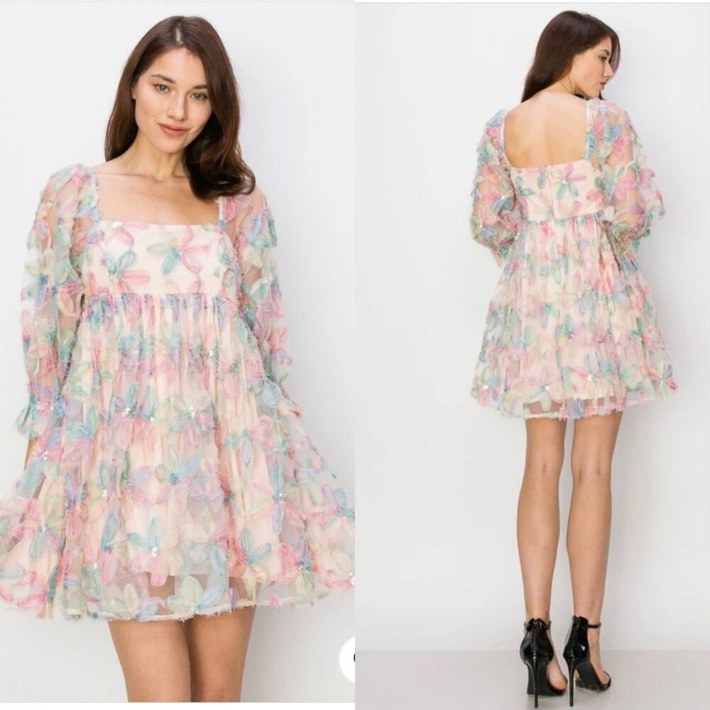 Storia Daisy Women’s M Sequin‎ Floral Babydoll Puff Sleeve Dress Whimsical Chic